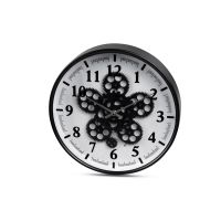 Wanduhr Schwarz-Weiß 36 cm x 6,5 cm aus mattem Metall und sichtbar drehenden Zahnrädern