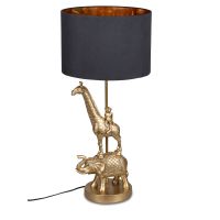 Lebendige Eleganz: Tiere-Lampe 66 cm in Antik-Gold, handgefertigte Deko-Lampe aus Kunststein mit schwarz-goldenem Stoffschirm