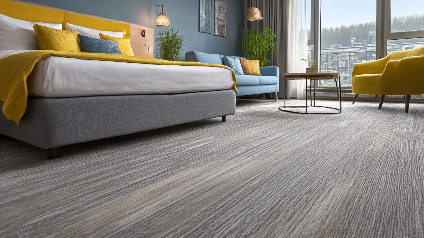 Teppichboden für Hotels in grauer Holzoptik passt super zu gelb / grauer Einrichtung wirkt sehr modern