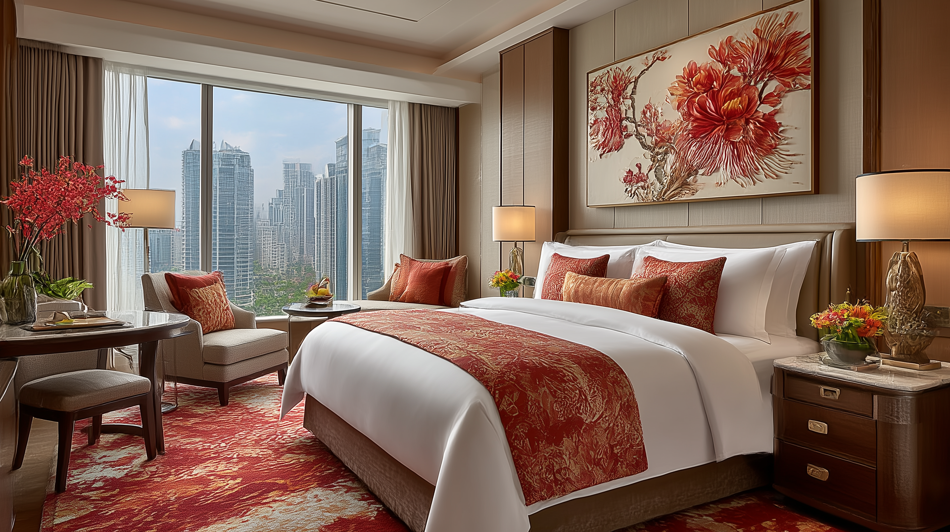 Luxus-Hotelzimmer, traditionell eingerichtet. Roter Teppichboden zu warmen Grautönen und einem Floralen Gemälde an der Wand vor Raumhohen Fenstern mit Blick auf die City