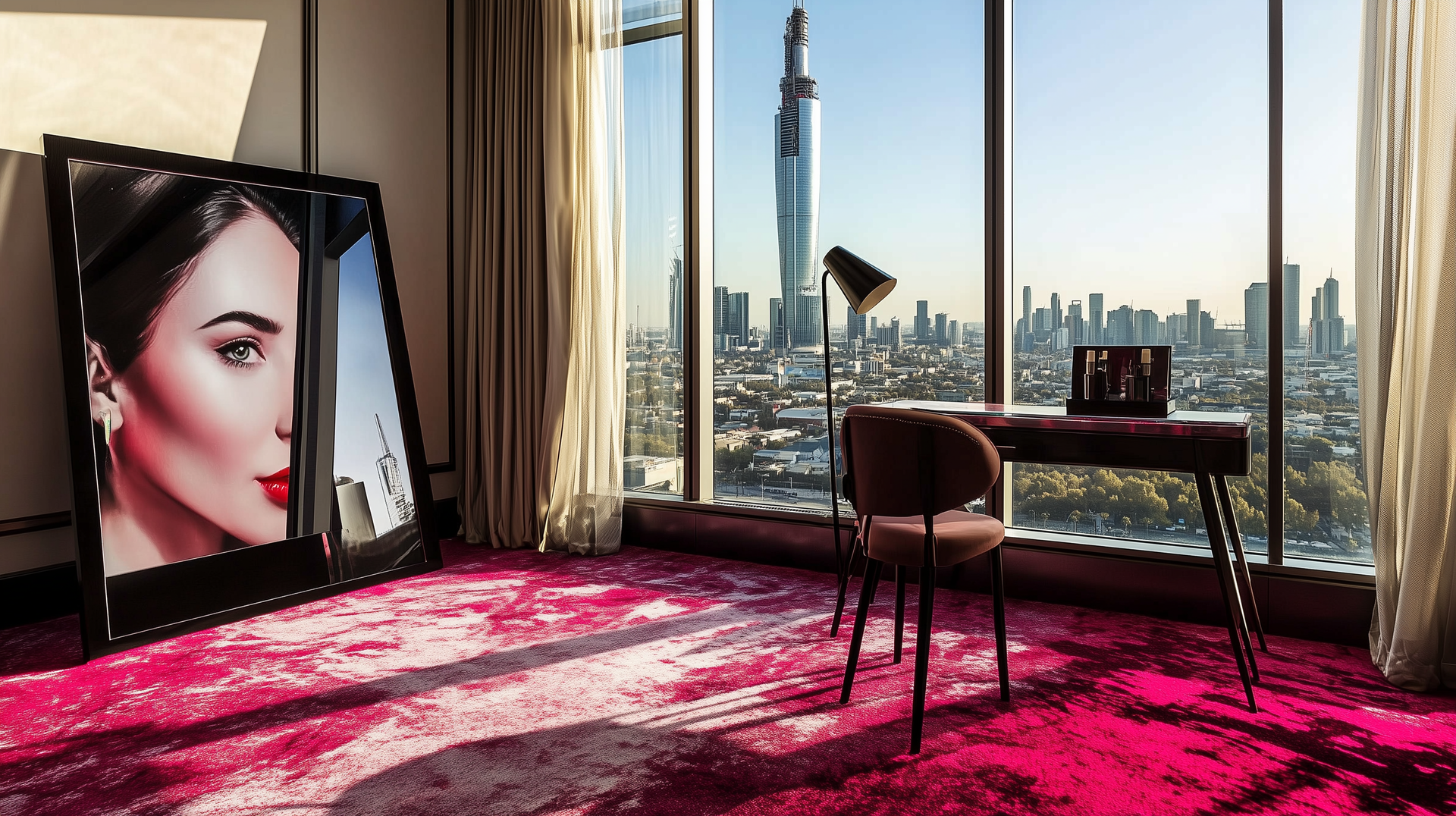 Minimalistisch luxuriöses Hotelzimmer mit rotem Teppichboden mit weißen flammenartigem asymmetrischem Muster, ein großes Bild einer Frau lehnt an der Wand und der Schreibitsch steht vor den Raumhohen Fenstern mit Blick auf Wolkenkratzer