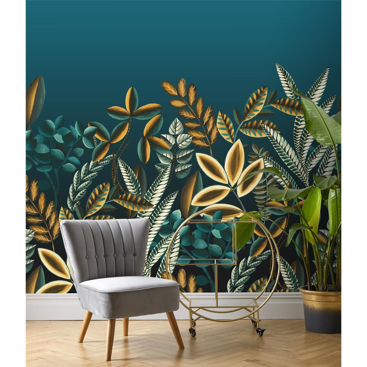 Tapete Nature Botanical Wandbild Petrol ansatzfrei 300 cm x 3 m