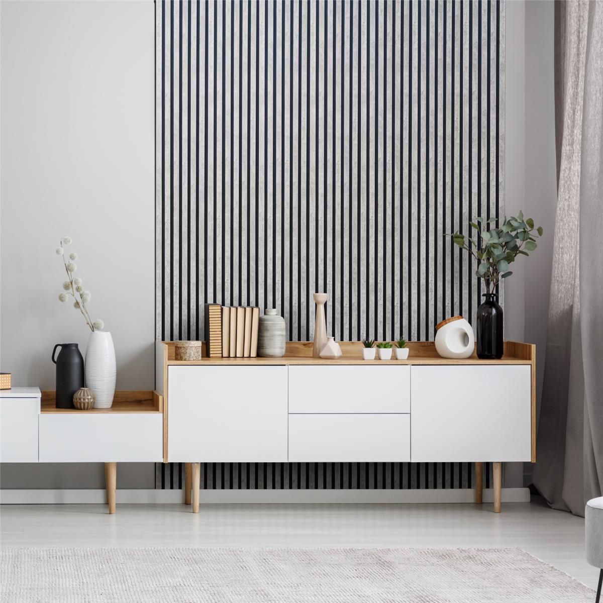 Wandpaneele AKUSTIK MDF und Recycling Filz Loft Grau Lamellen 3,18m² - 4 Stck. 265 cm x 30 cm