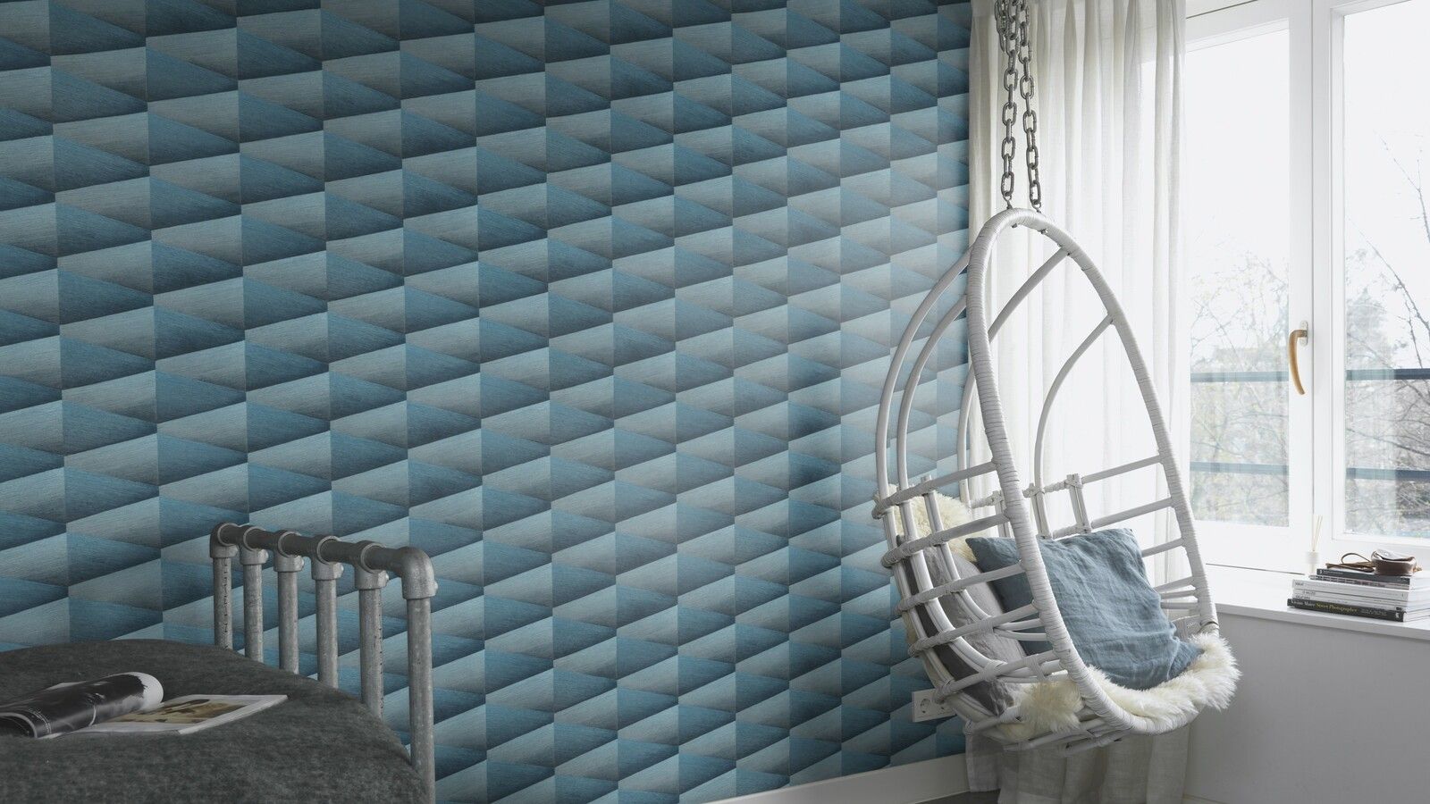 Tapete Modern graphisch Vinyltapete Dunkelblau versetzter Ansatz 53 cm x 10,05 m