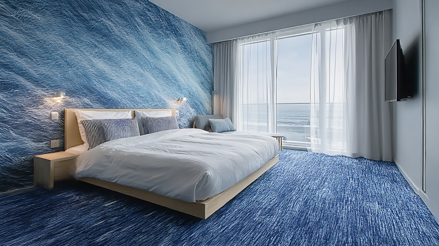 Blau grau maritim eingerichtetes Hotelzimmer mit blauem Teppichboden für Hotels und grauen Hotel-Möbeln sehr behaglich eingerichtet