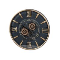 Moderne Schwarz-Gold Wanduhr 58 cm x 8 cm aus Metall mit Sichtbaren Zahnrädern und Goldenen Ziffern