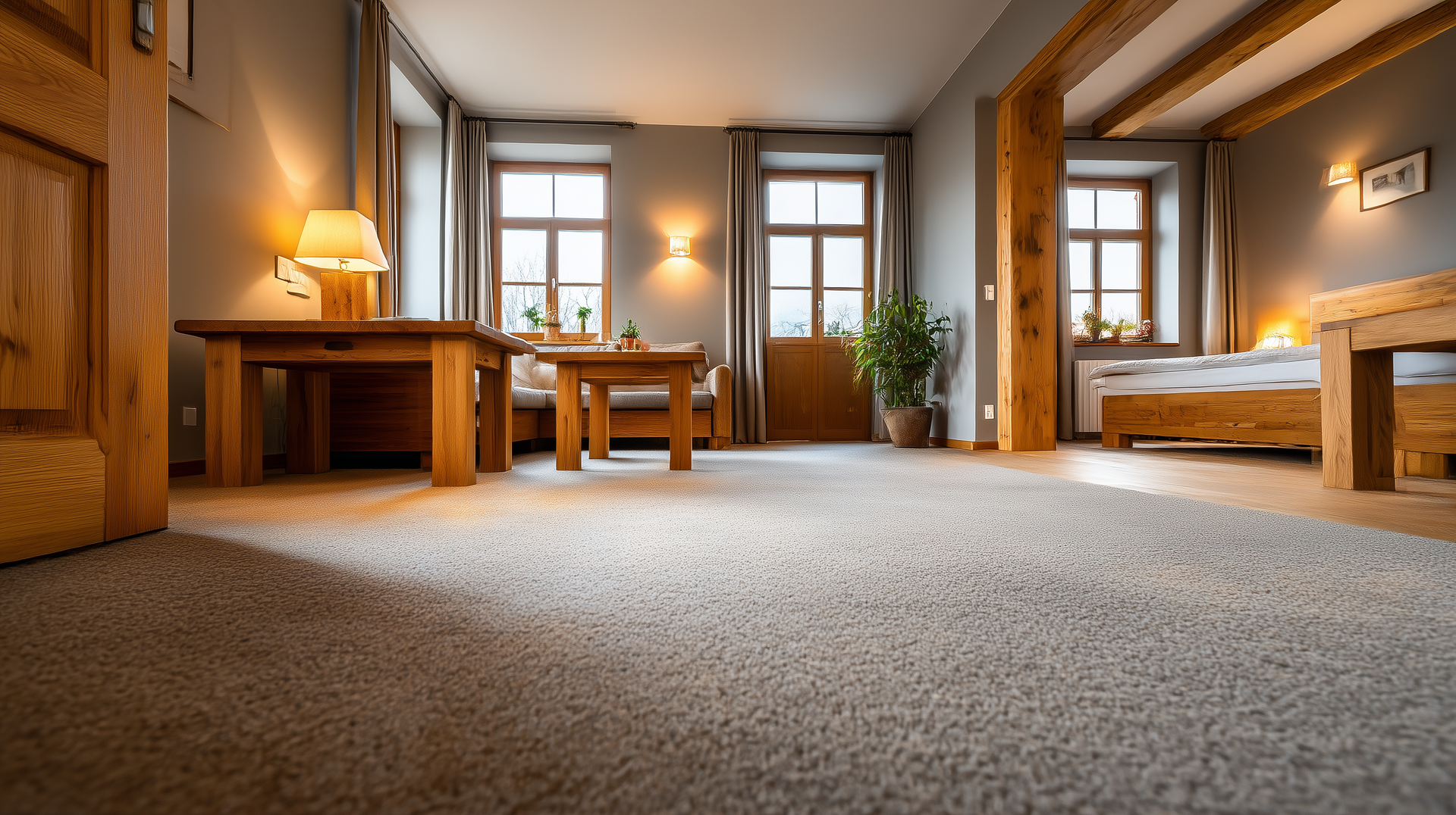 großzügiges Hotelzimmer im Landhaus-Stil mit honigfarbigen Masivholzmöbeln auf grauem Teppichboden für Hotels
