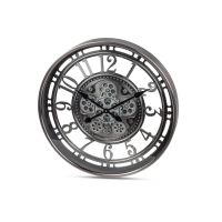 Wanduhr 54 cm x 8,5 cm aus antik silbernen Metall mit drehenden Zahnrädern