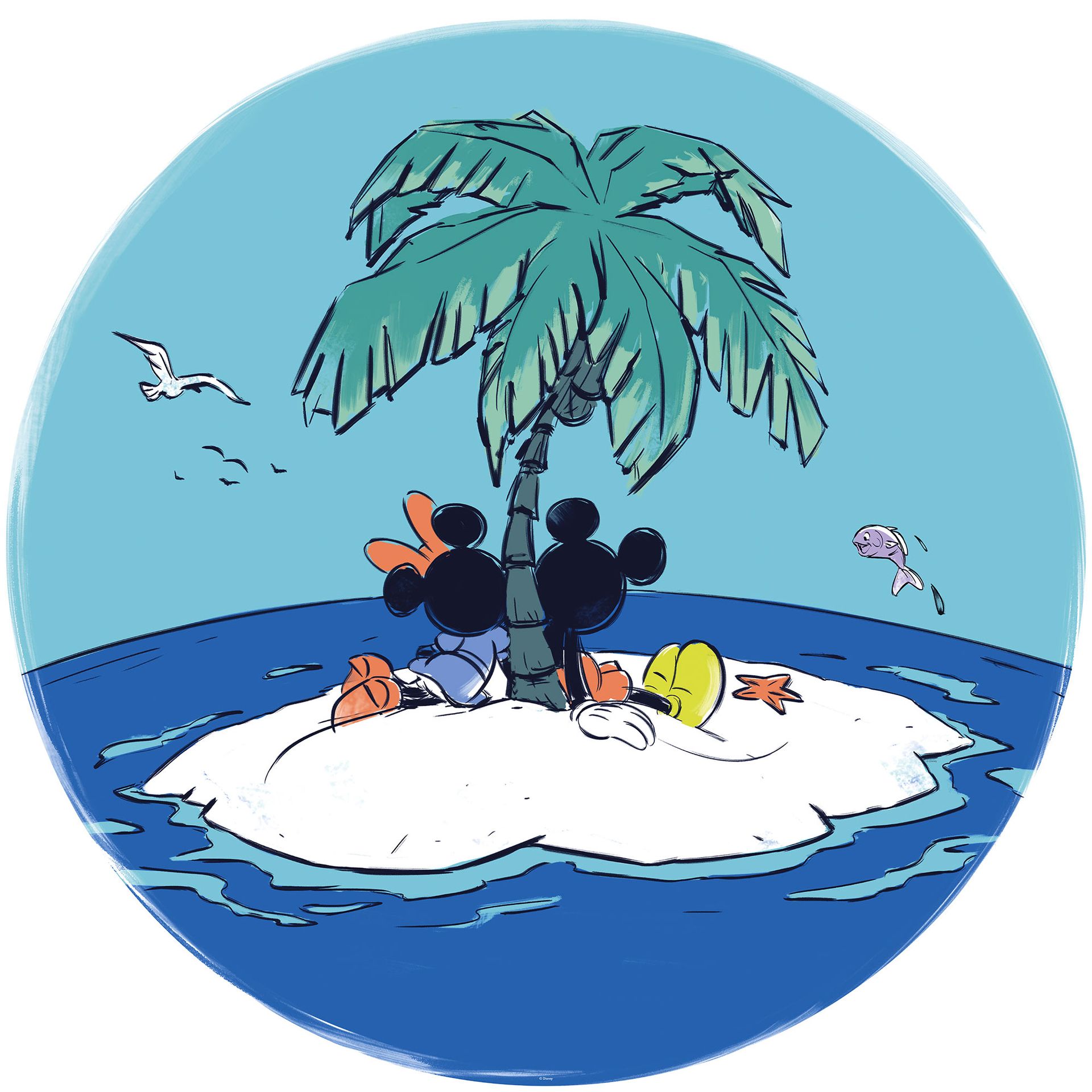 Selbstklebende Vlies Fototapete/Wandtattoo -Mickey and Minnie Beach Vacation  - Größe 125 x 125 cm